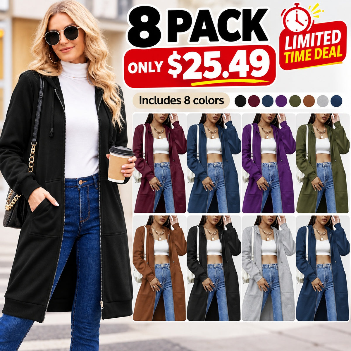 Women's Casual Zip Up Fleece Hoodie Tunic Jacket